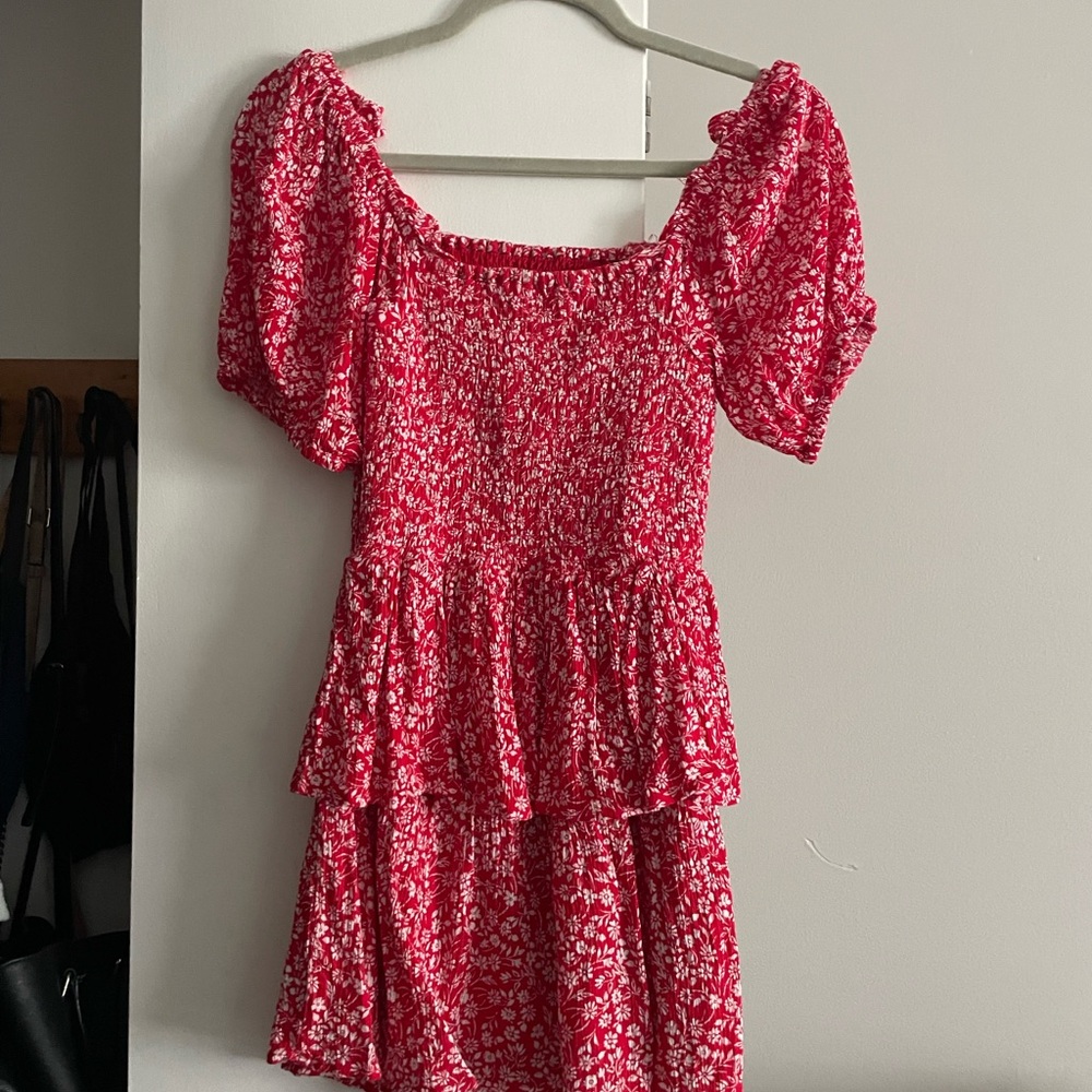 Floral Red Puff Sleeve Dress